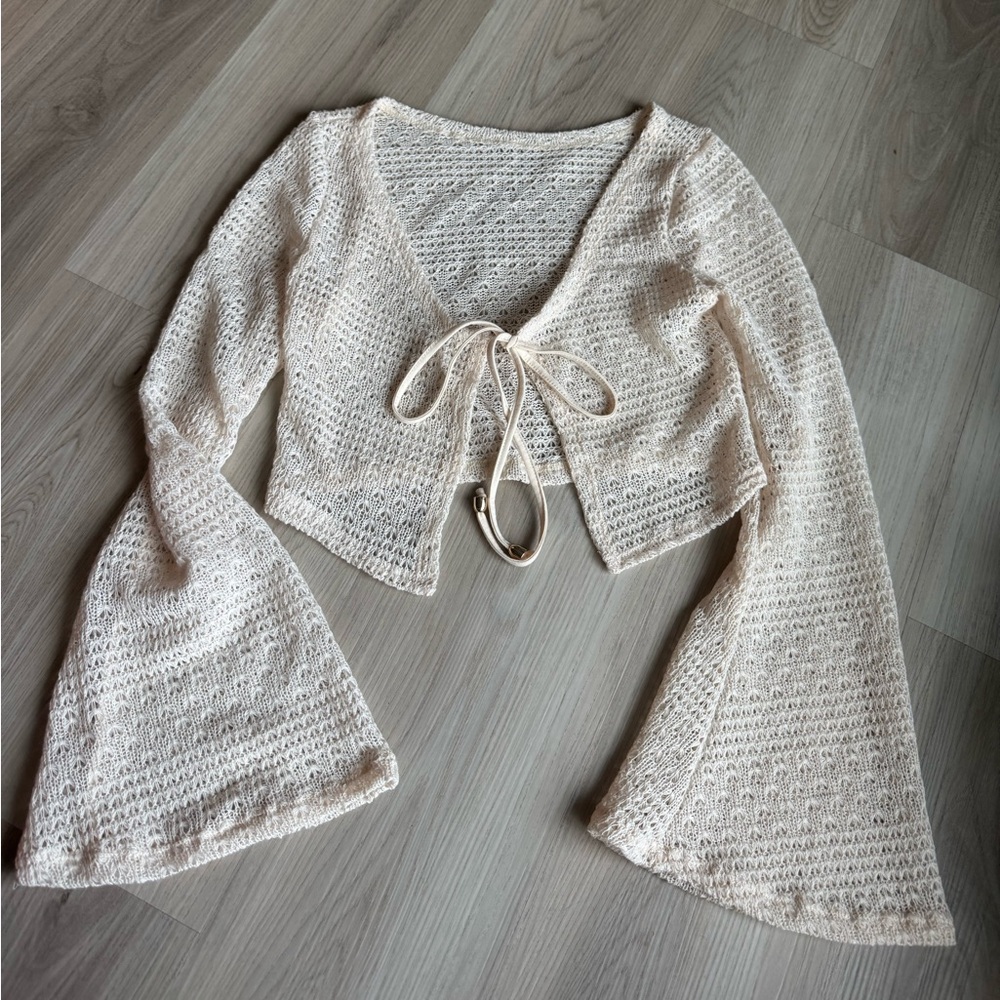 Cream Crochet Bell Sleeve Top